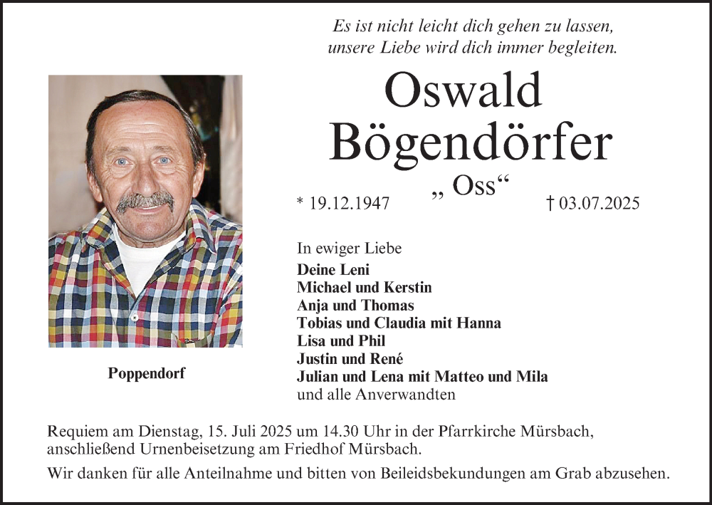  Traueranzeige für Oswald Bögendörfer vom 12.07.2025 aus MGO