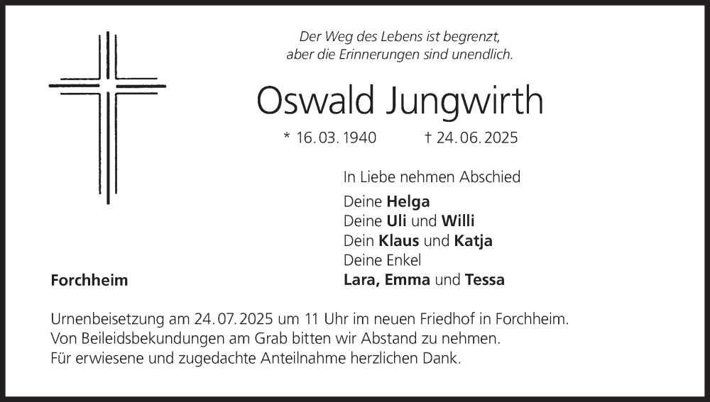  Traueranzeige für Oswald Jungwirth vom 19.07.2025 aus MGO