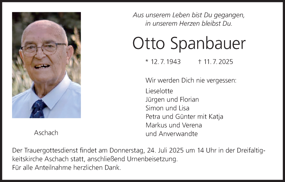  Traueranzeige für Otto Spanbauer vom 19.07.2025 aus MGO
