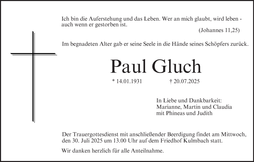  Traueranzeige für Paul Gluch vom 26.07.2025 aus MGO