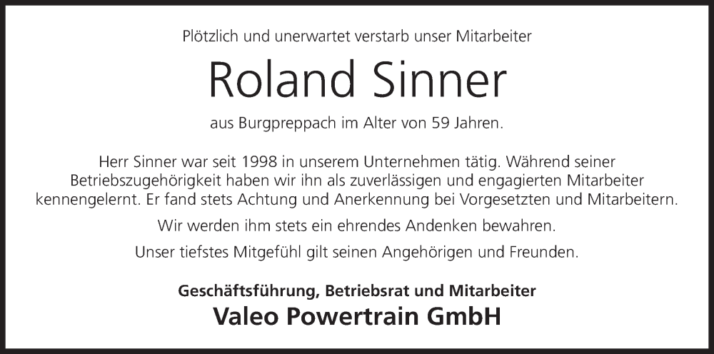  Traueranzeige für Roland Sinner vom 17.07.2025 aus MGO