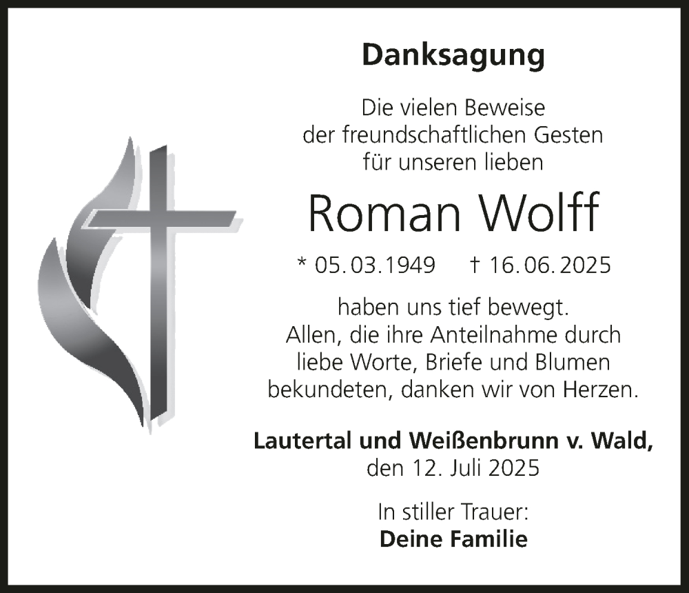  Traueranzeige für Roman Wolff vom 12.07.2025 aus MGO
