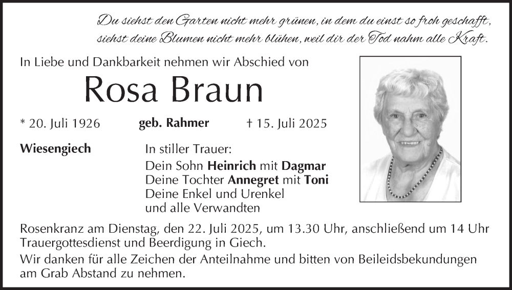  Traueranzeige für Rosa Braun vom 19.07.2025 aus MGO