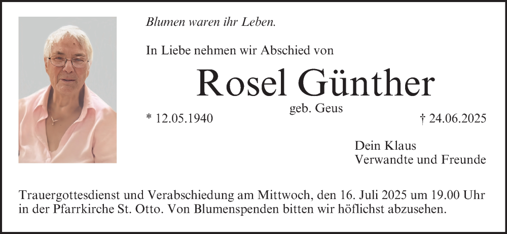  Traueranzeige für Rosel Günther vom 12.07.2025 aus MGO