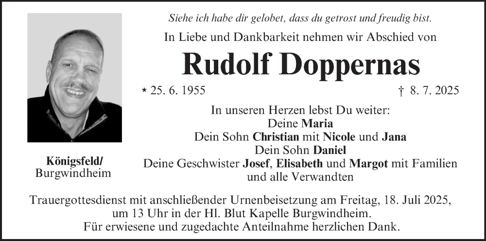  Traueranzeige für Rudolf Doppernas vom 12.07.2025 aus MGO