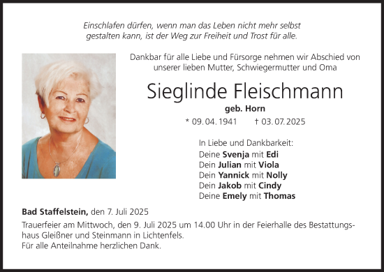 Anzeige von Sieglinde Fleischmann von MGO