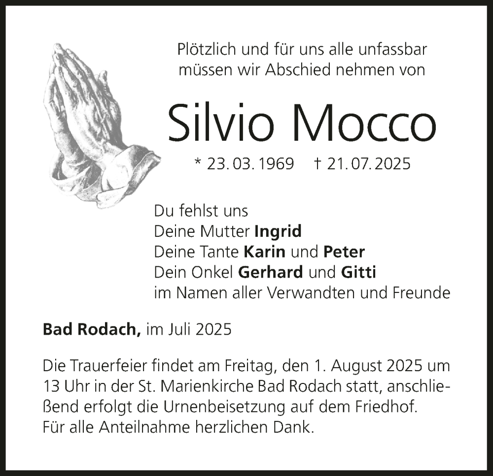  Traueranzeige für Silvio Mocco vom 26.07.2025 aus MGO