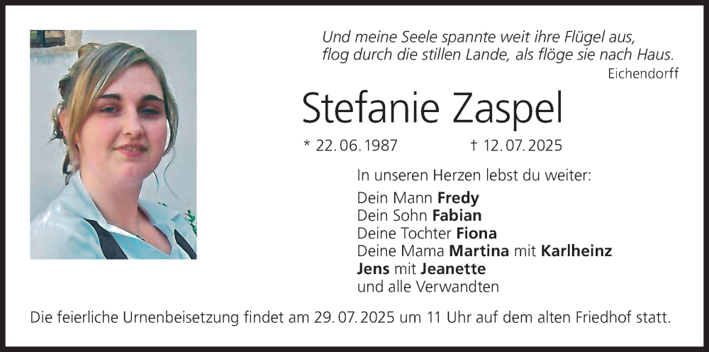  Traueranzeige für Stefanie Zaspel vom 26.07.2025 aus MGO