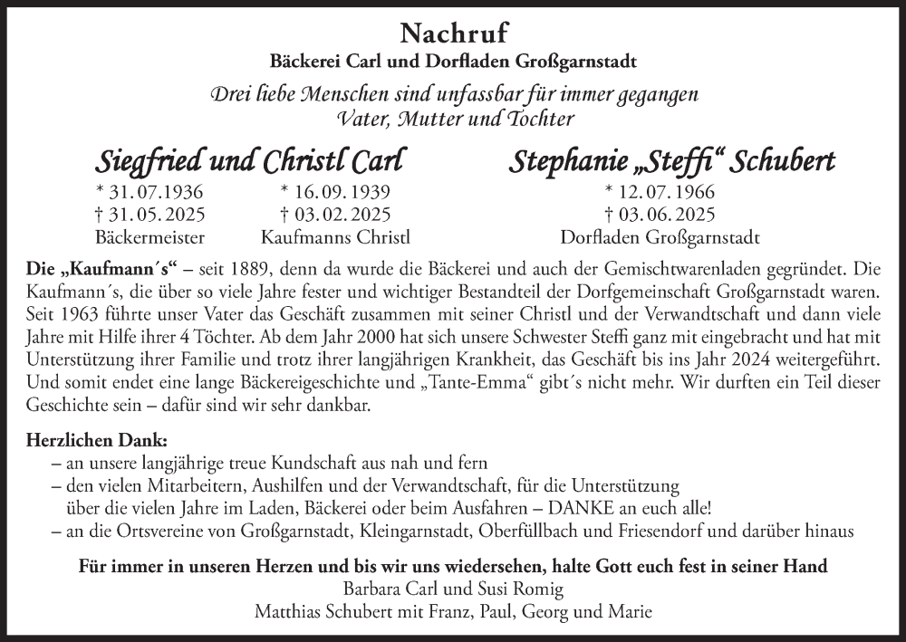  Traueranzeige für Stephanie Schubert vom 19.07.2025 aus MGO