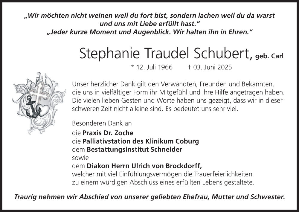  Traueranzeige für Stephanie Traudel Schubert vom 19.07.2025 aus MGO