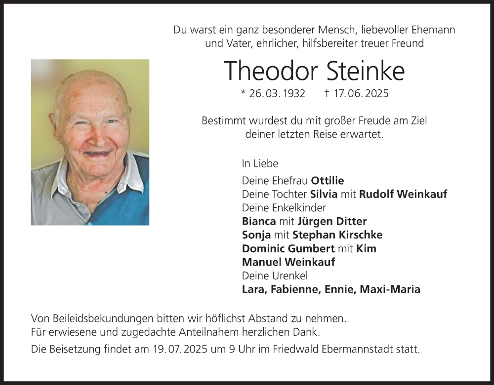  Traueranzeige für Theodor Steinke vom 12.07.2025 aus MGO