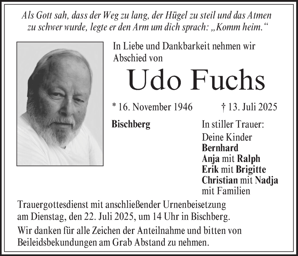  Traueranzeige für Udo Fuchs vom 19.07.2025 aus MGO