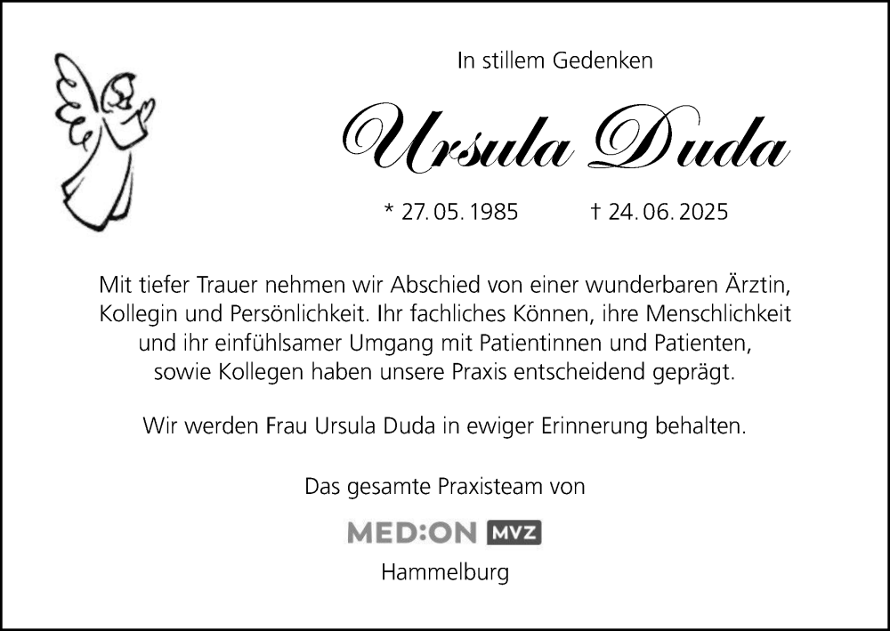  Traueranzeige für Ursula Duda vom 01.07.2025 aus MGO