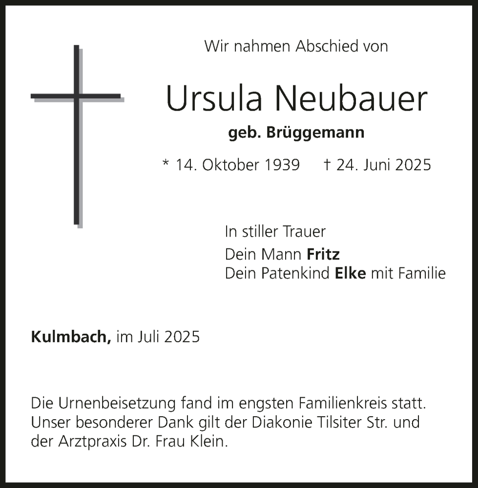 Traueranzeige für Ursula Neubauer vom 26.07.2025 aus MGO