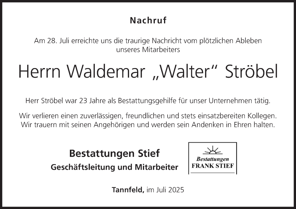  Traueranzeige für Waldemar Ströbel vom 30.07.2025 aus MGO