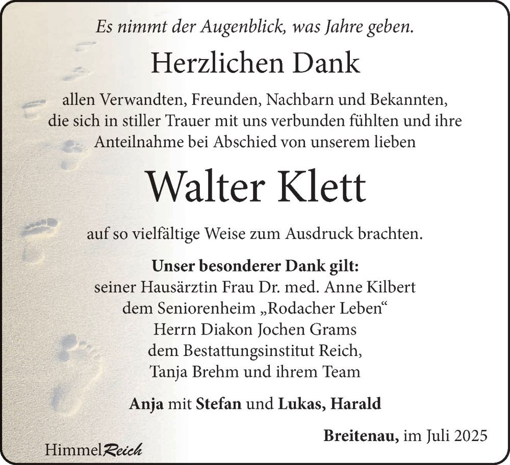  Traueranzeige für Walter Klett vom 26.07.2025 aus MGO