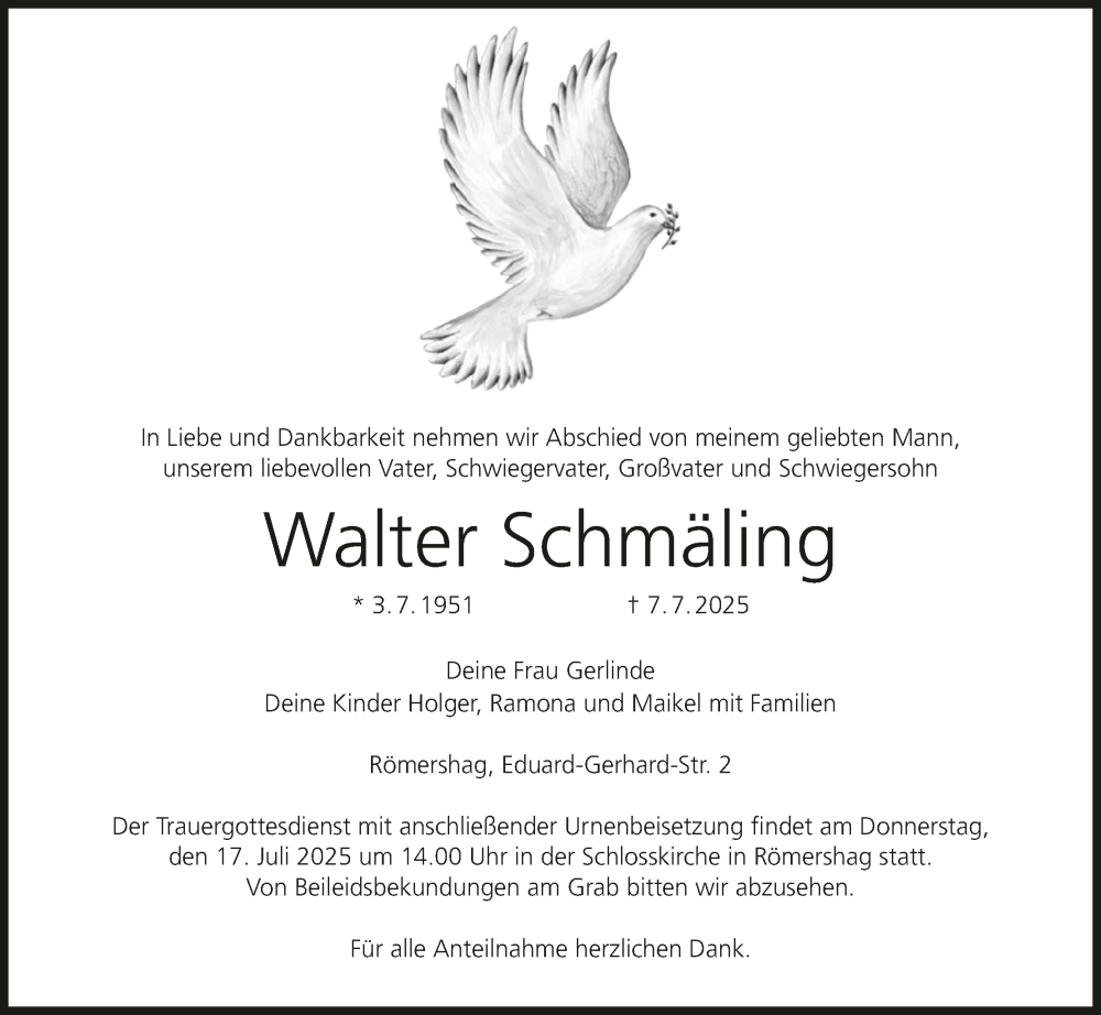  Traueranzeige für Walter Schmäling vom 12.07.2025 aus MGO