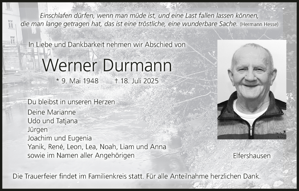  Traueranzeige für Werner Durmann vom 26.07.2025 aus MGO