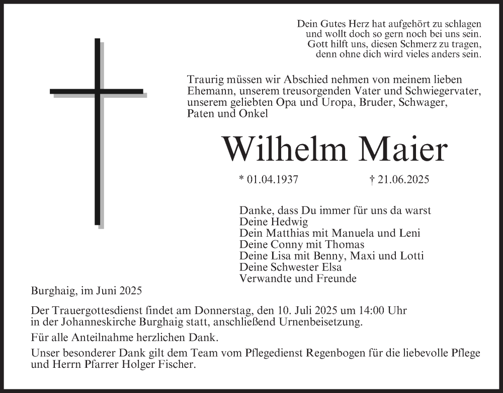  Traueranzeige für Wilhelm Maier vom 05.07.2025 aus MGO