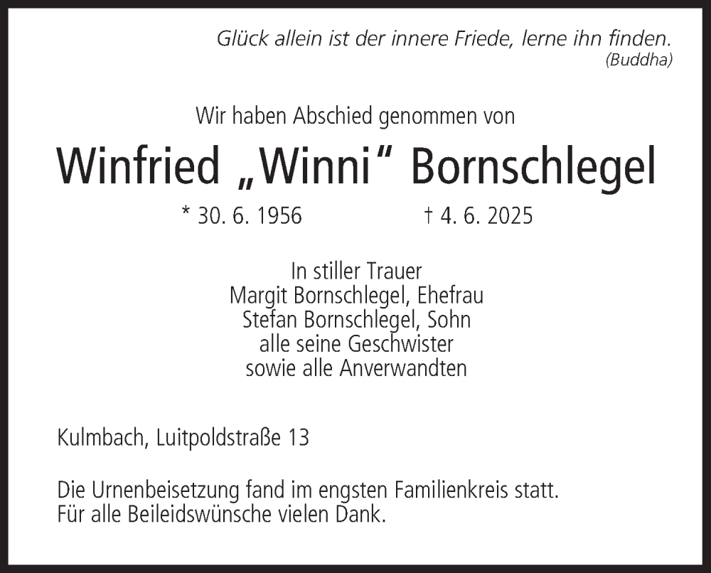  Traueranzeige für Winfried Bornschlegel vom 05.07.2025 aus MGO