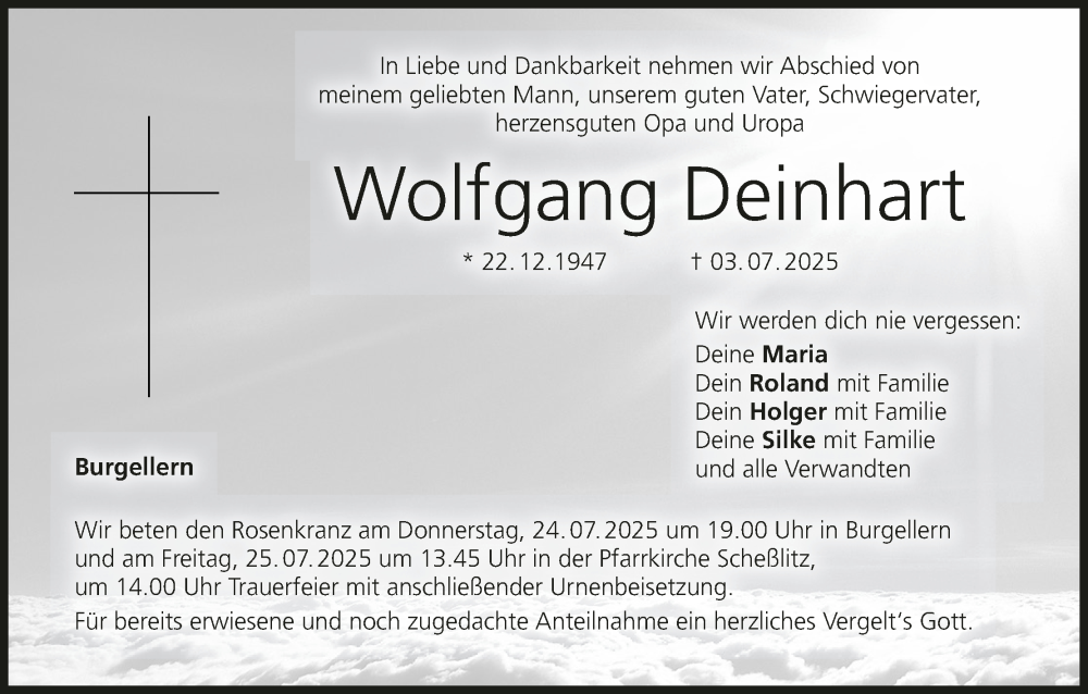  Traueranzeige für Wolfgang Deinhart vom 19.07.2025 aus MGO