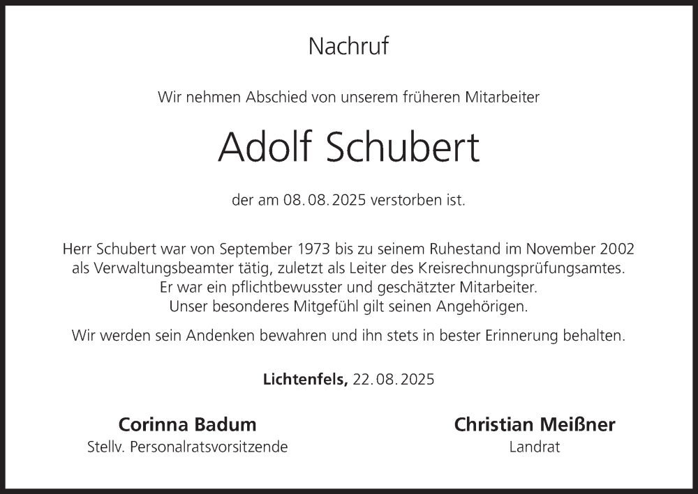  Traueranzeige für Adolf Schubert vom 28.08.2025 aus MGO