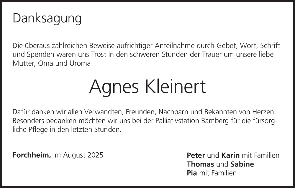  Traueranzeige für Agnes Kleinert vom 09.08.2025 aus MGO