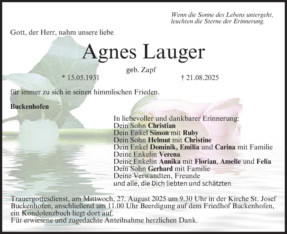  Traueranzeige für Agnes Lauger vom 26.08.2025 aus MGO