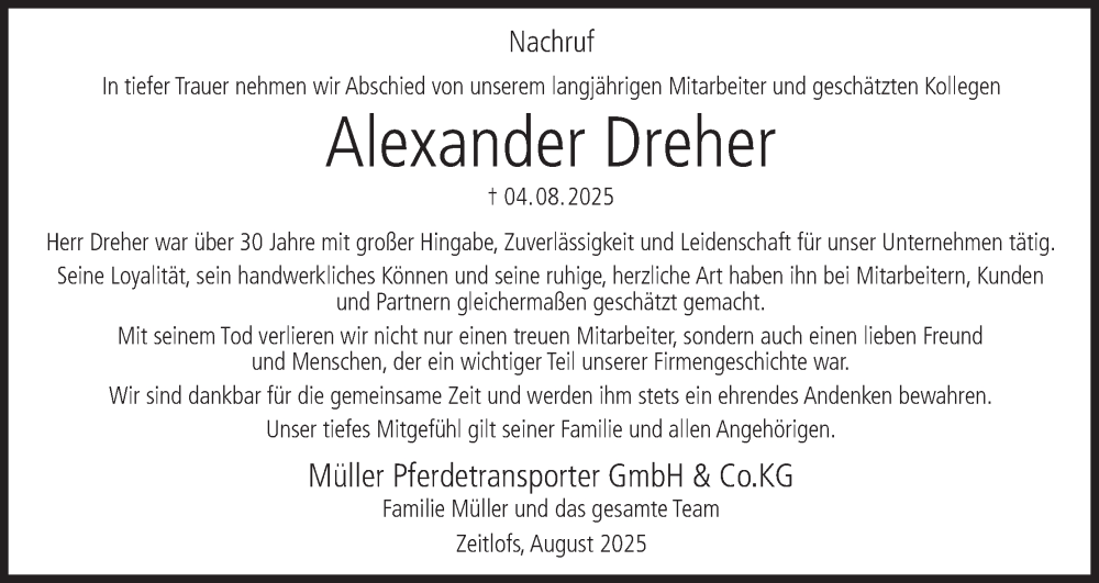  Traueranzeige für Alexander Dreher vom 23.08.2025 aus MGO