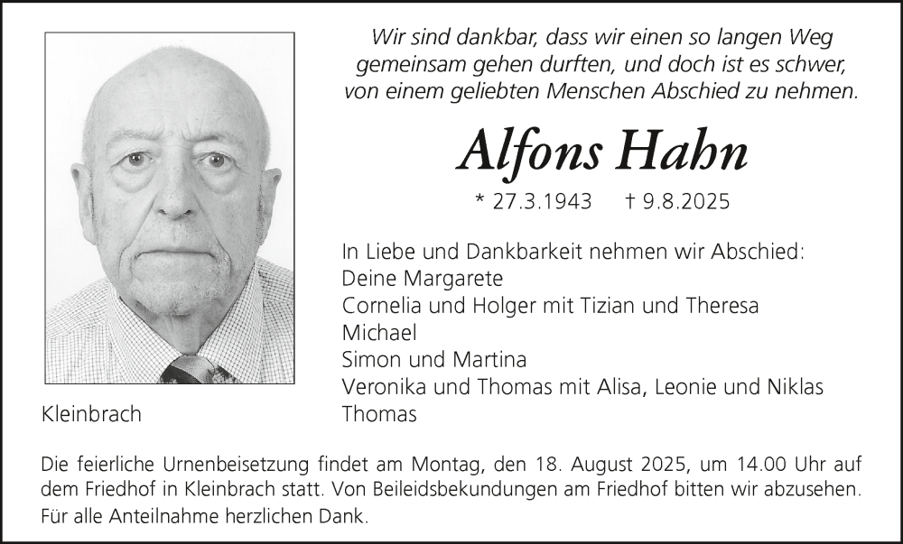  Traueranzeige für Alfons Hahn vom 16.08.2025 aus MGO