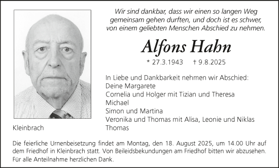 Anzeige von Alfons Hahn von MGO