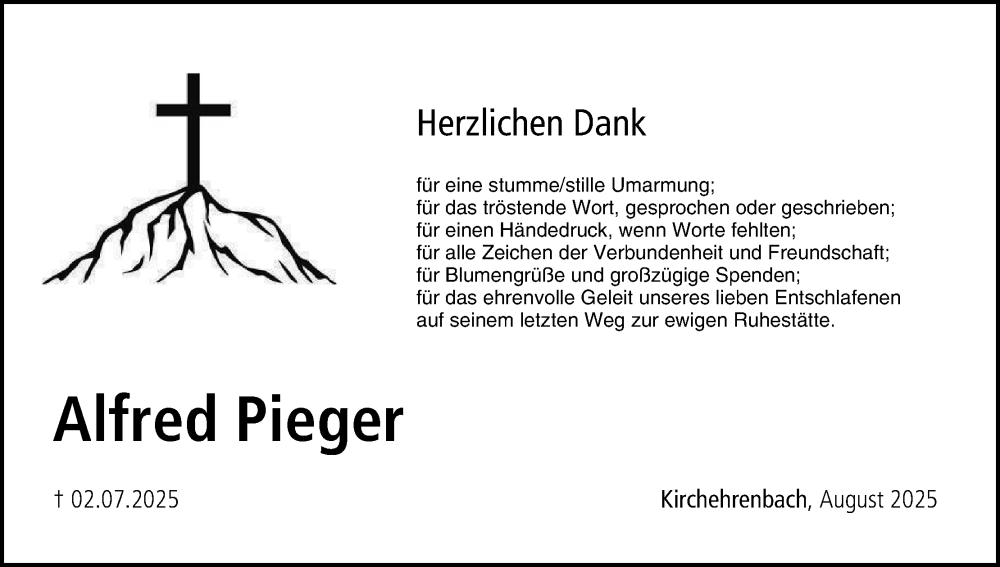  Traueranzeige für Alfred Pieger vom 09.08.2025 aus MGO