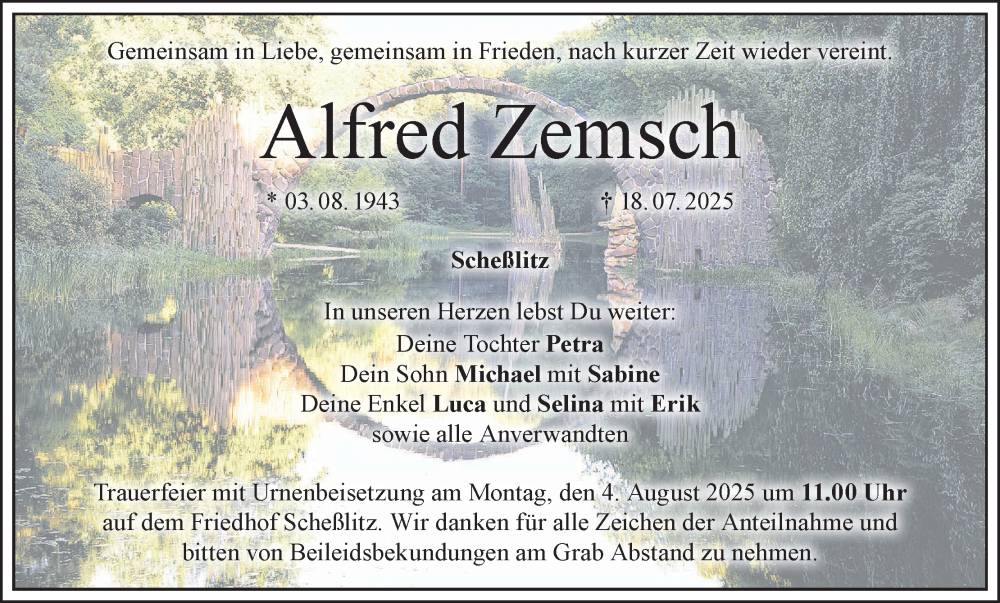  Traueranzeige für Alfred Zemsch vom 02.08.2025 aus MGO