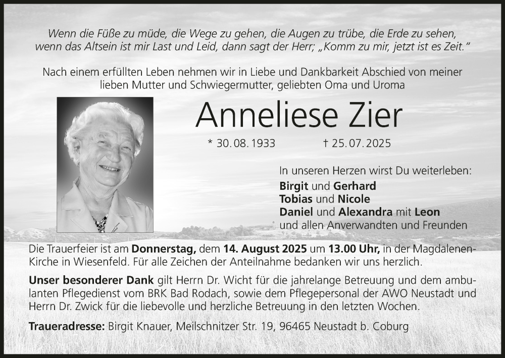  Traueranzeige für Anneliese Zier vom 09.08.2025 aus MGO