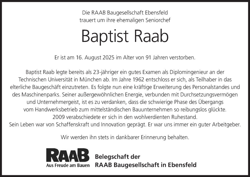  Traueranzeige für Baptist Raab vom 23.08.2025 aus MGO
