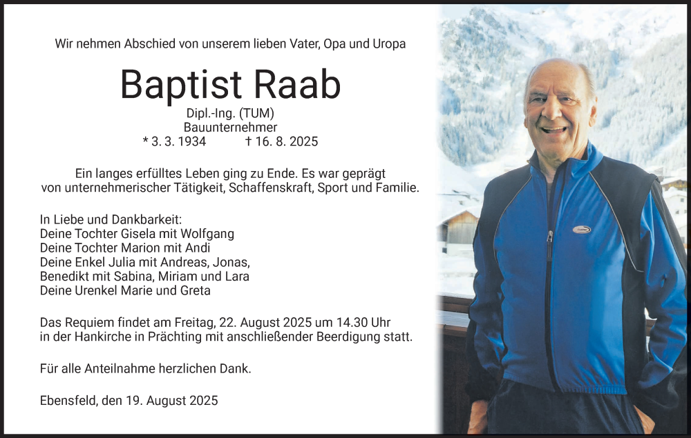  Traueranzeige für Baptist Raab vom 19.08.2025 aus MGO