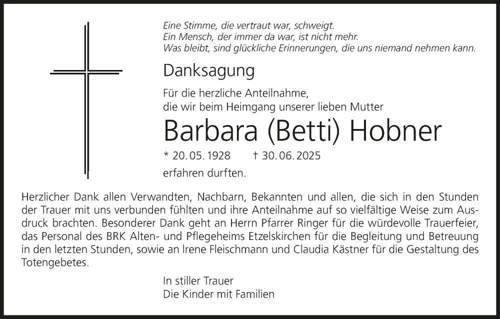  Traueranzeige für Barbara Hobner vom 02.08.2025 aus MGO