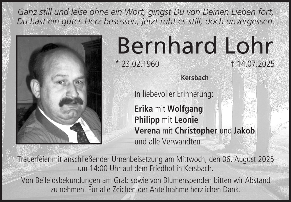  Traueranzeige für Bernhard Lohr vom 02.08.2025 aus MGO