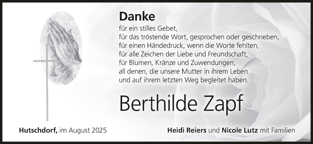  Traueranzeige für Berthilde Zapf vom 02.08.2025 aus MGO