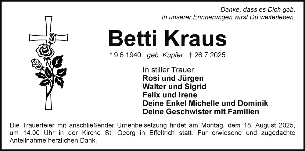  Traueranzeige für Betti Kraus vom 09.08.2025 aus MGO