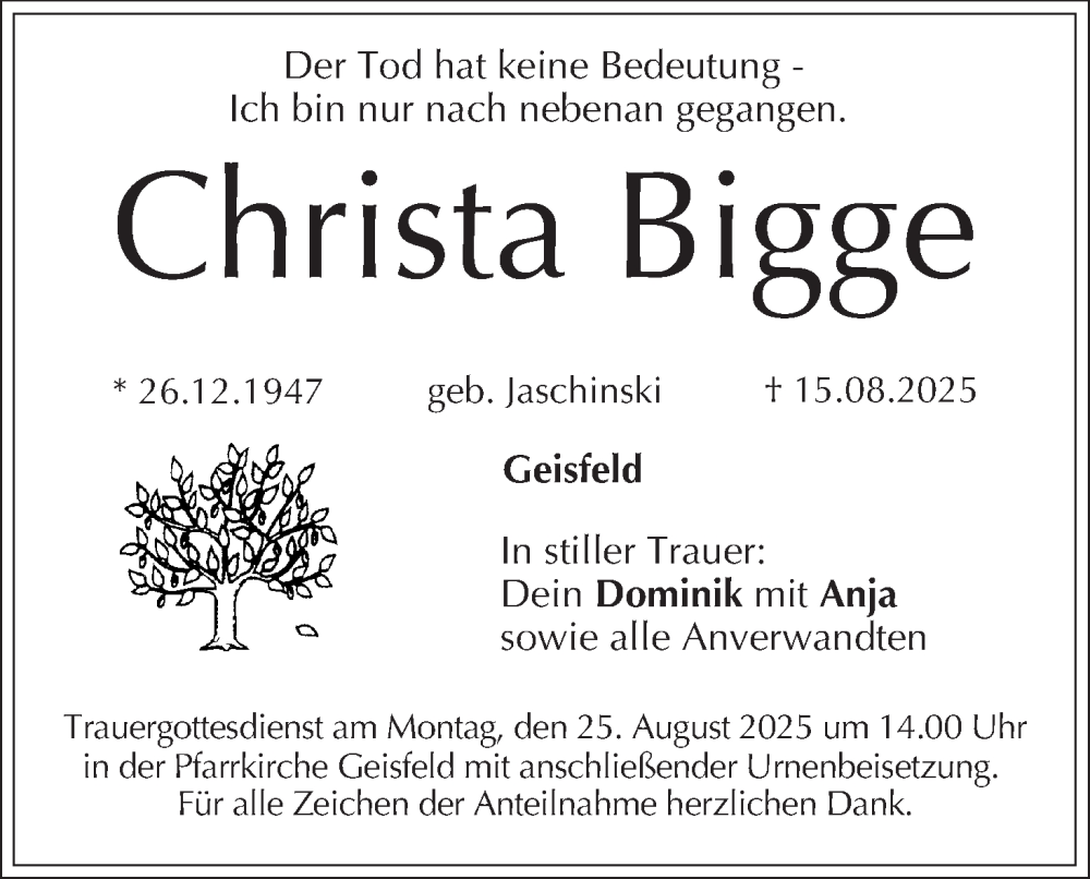  Traueranzeige für Christa Bigge vom 23.08.2025 aus MGO