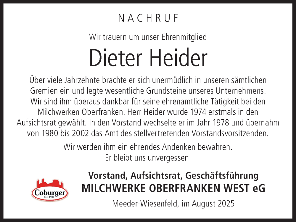  Traueranzeige für Dieter Heider vom 28.08.2025 aus MGO