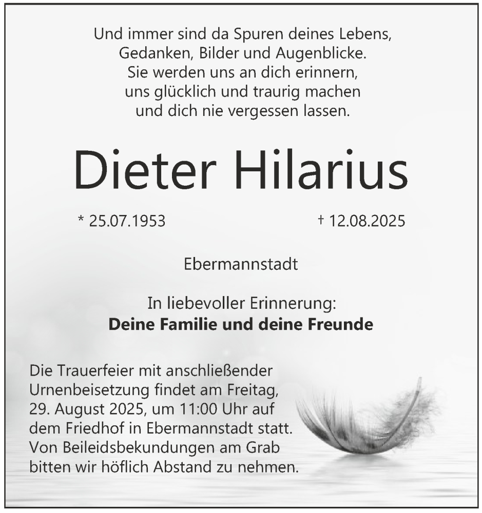  Traueranzeige für Dieter Hilarius vom 23.08.2025 aus MGO