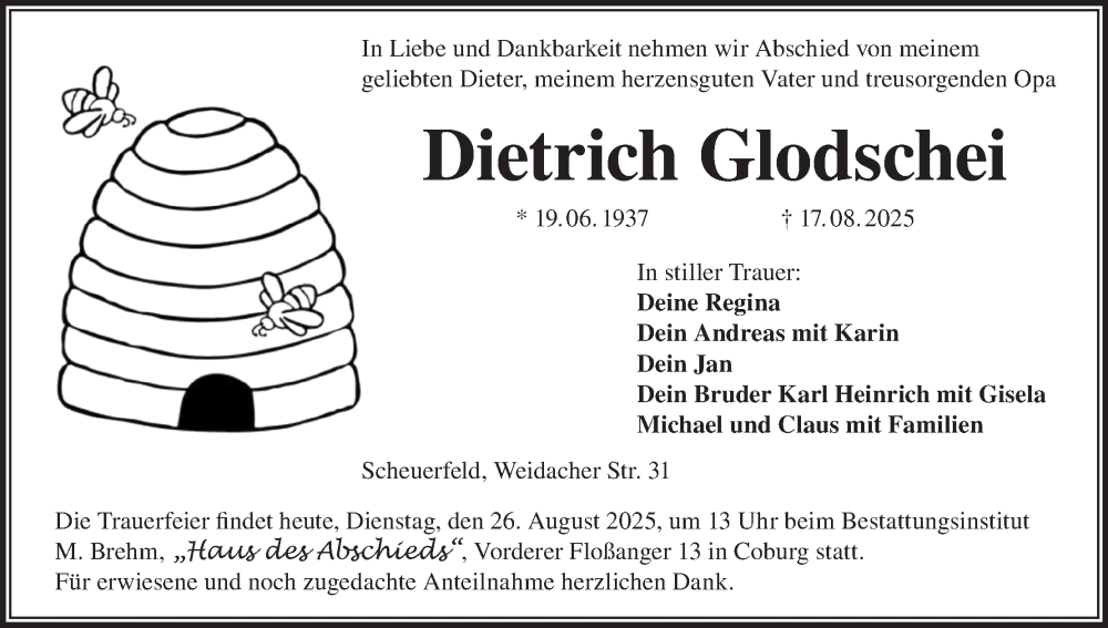  Traueranzeige für Dietrich Glodschei vom 26.08.2025 aus MGO