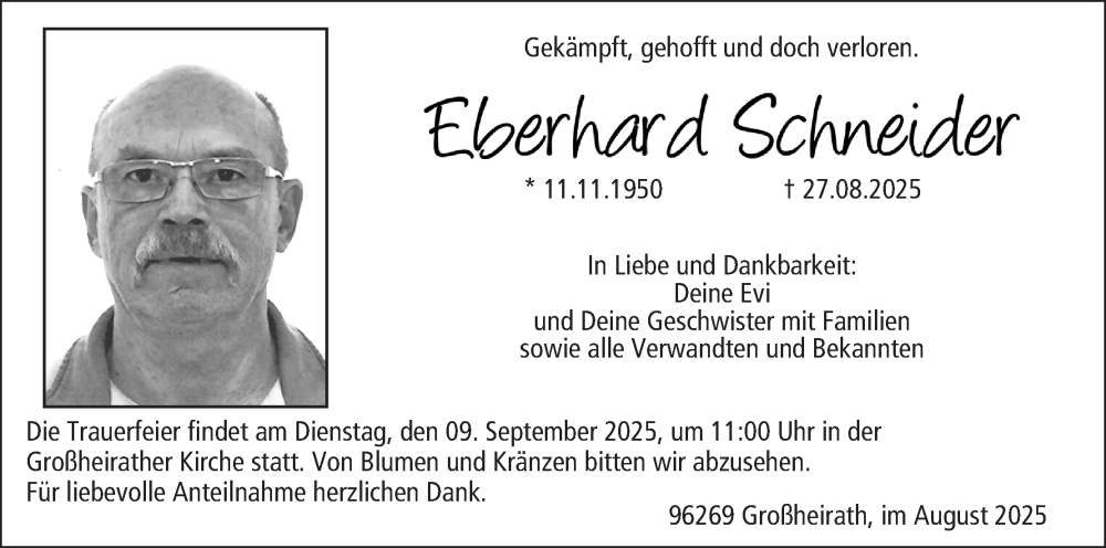  Traueranzeige für Eberhard Schneider vom 30.08.2025 aus MGO