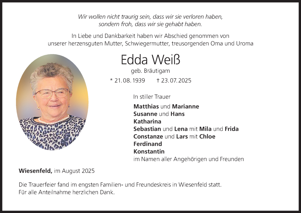  Traueranzeige für Edda Weiß vom 09.08.2025 aus MGO