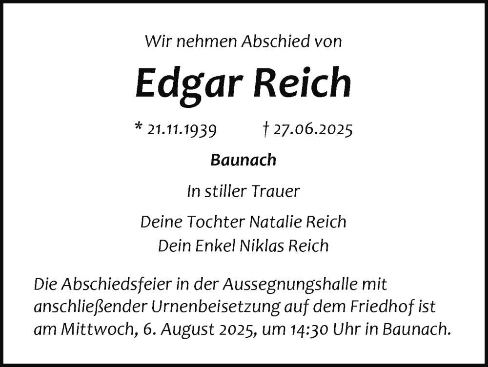  Traueranzeige für Edgar Reich vom 02.08.2025 aus MGO