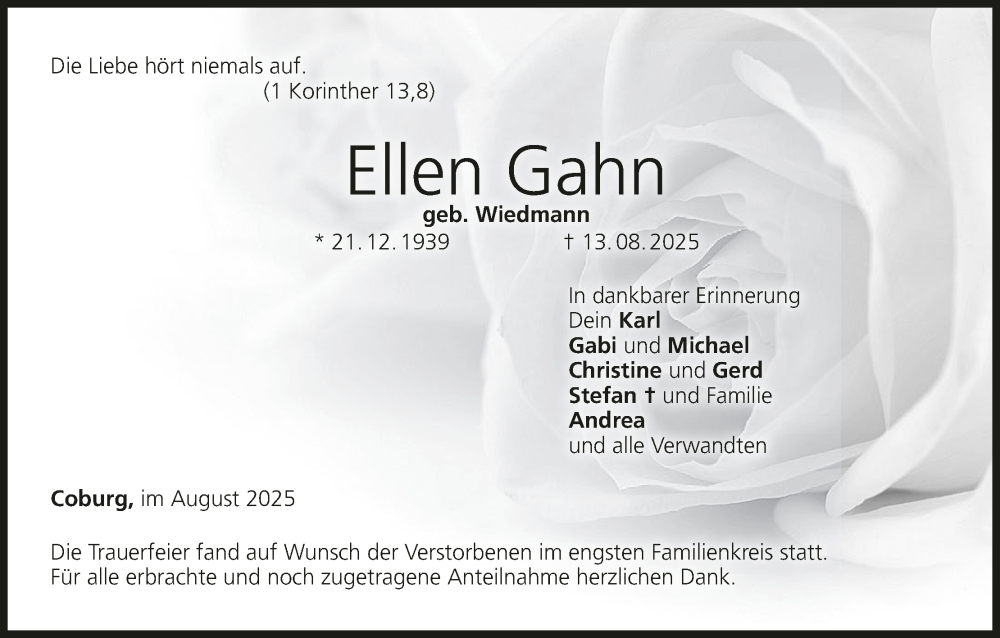  Traueranzeige für Ellen Gahn vom 30.08.2025 aus MGO