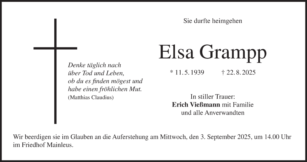  Traueranzeige für Elsa Grampp vom 30.08.2025 aus MGO