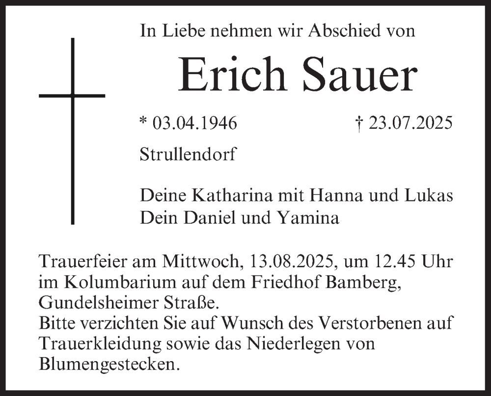  Traueranzeige für Erich Sauer vom 09.08.2025 aus MGO